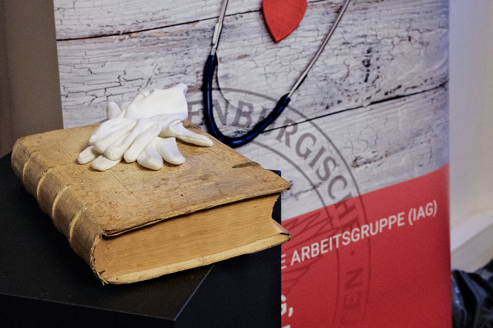 Bild, das ein Kräuterbuch-Orginal aus dem 16. Jahrhundert zeigt. Auf dem geschlossenen Buch liegen weiße Handschuhe, die benutzt werden, um das Buch zu schonen, wenn es geöffnet wird.